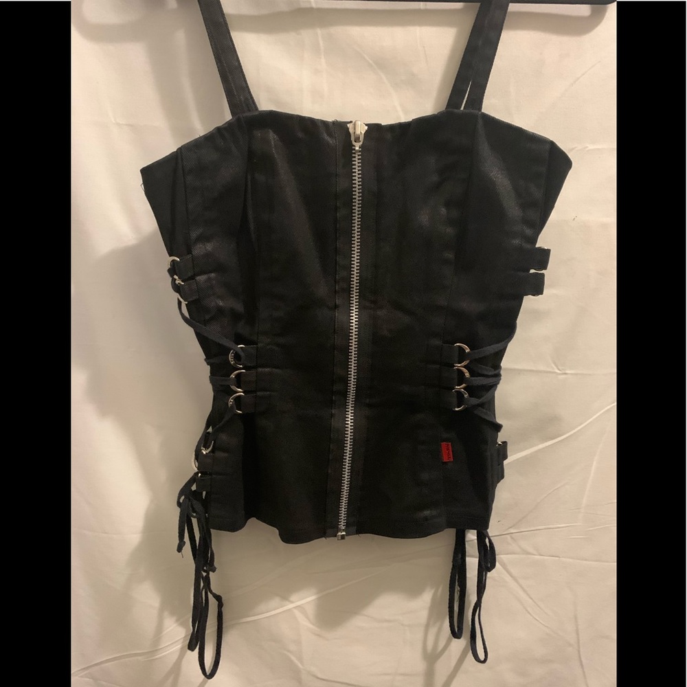 Tripp shiny black denim corset.